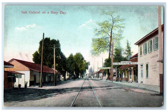 c1910 Railway Buildings San Gabriel on a Busy Day CA Posted Antique Postcard