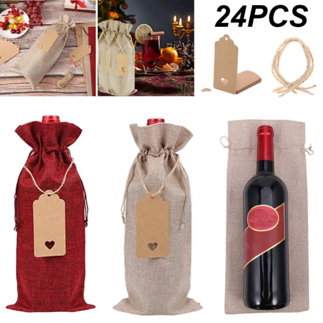 24x Rustic Wine Bags Pouch Wine Bottle Covers Drawstring Jute Burlap Gift Bags