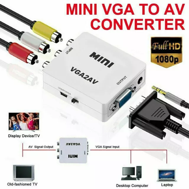 VGA to AV Converter 3.5mm Jack Audio Video RCA PC Data to TV 1080p HD Adapter