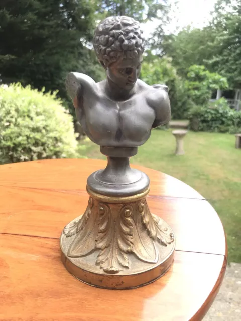 Antique 19th C Greek Roman Solid Bronze Bust Sculpture Figure On A Gilded Base