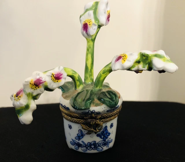 French Limoges Rochard Trinket Box Blooming Potted Flowers In Blue/White Pot