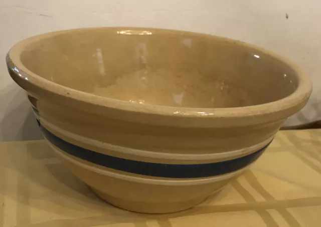 Vintage Pottery Ovenware #9 Mixing Bowl Ribbed Blue & White Stripe USA Yelloware