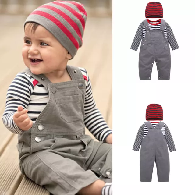 3pcs Toddler Kids Baby Boy Outfits Romper Strap Pants Jumpsuit Hat Clothes Set