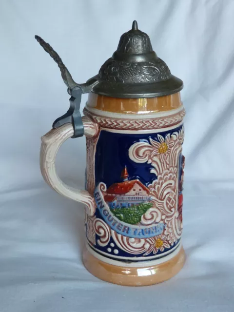 Vintage German Ceramic Hinged Lid Beer Stein 'Ein guter Trunk in froher Rund'