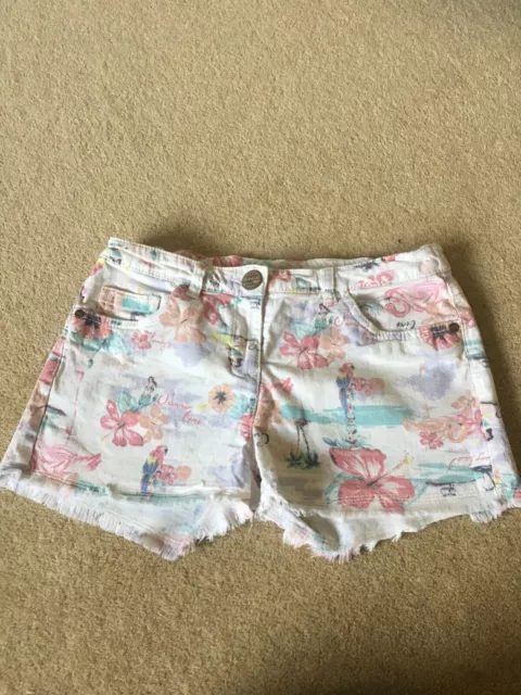 Next Girls White Multi Denim Shorts Age 12 adjustable waist