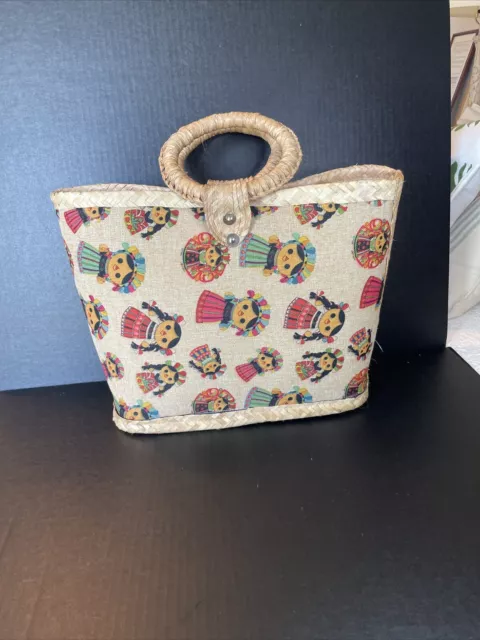 Folk Art Handmade Straw Rattan Purse Made In Mexico 11 1/2”T - 15” W Beach Bag
