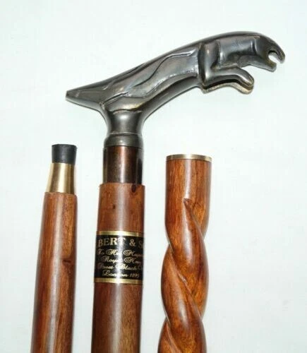 ANCIENNE CANNE À pied en bois en laiton poignée tête de jaguar style victorie... EUR 44,23