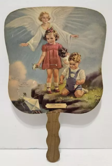 Vintage Funeral Home Advertising Paper Fan Guardian Angel Scheer Made In The USA