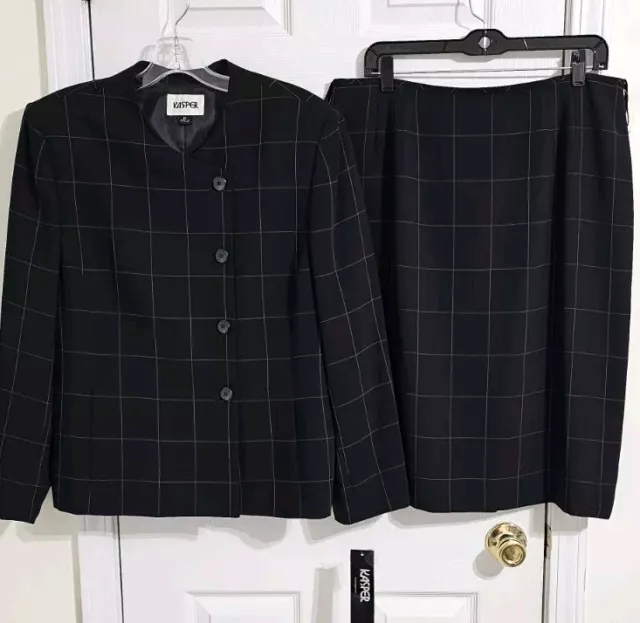 Kasper Black Windowpane Plaid Womens Skirt Suit Set Size 16