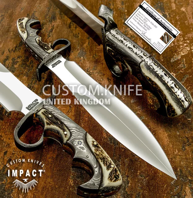 Custom Made By Impact Cutlery Rare D2 Full Tang Bowie Knife Stag Antler Handle