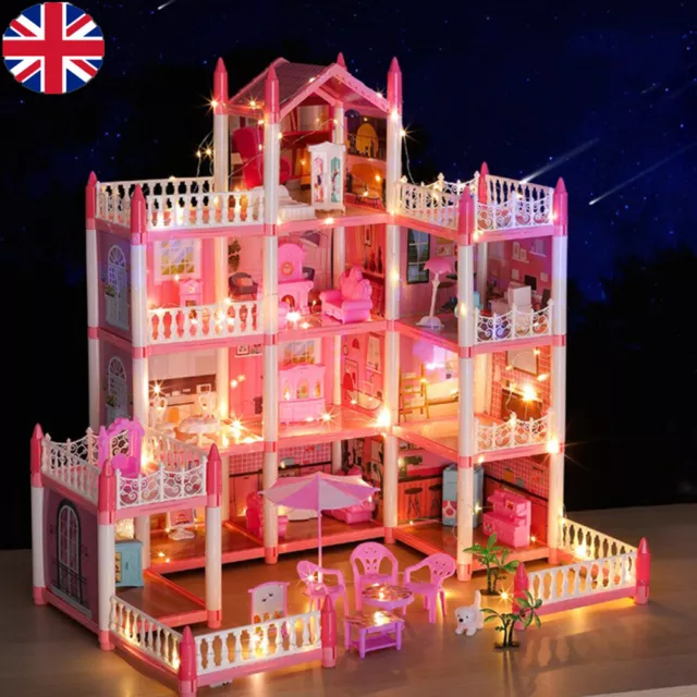 DIY BARBIE DREAMHOUSE Dollhouse Furniture LED Light Girl Toys 4
