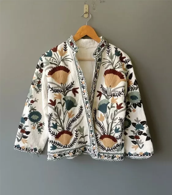 Indien Blanc Coton Suzani Veste Femmes Vêtements Floral US