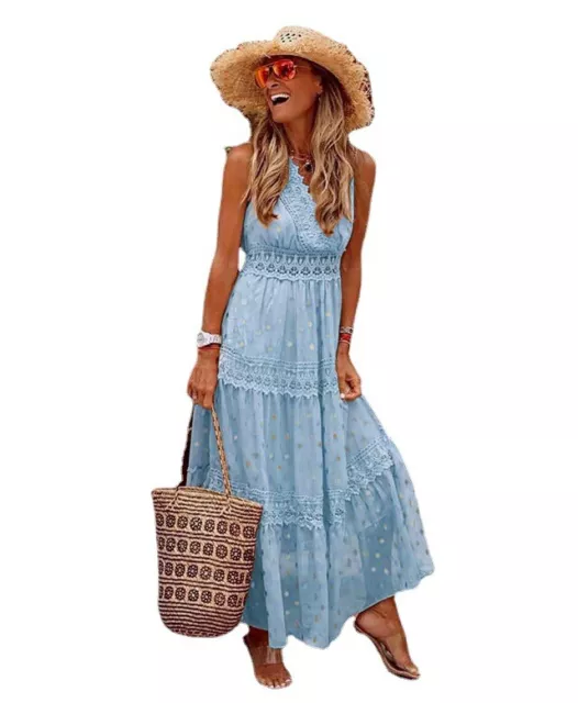 Neck Ladies Summer Women Maxi Dress Long Holiday Polka Dots Boho Crochet Lace V