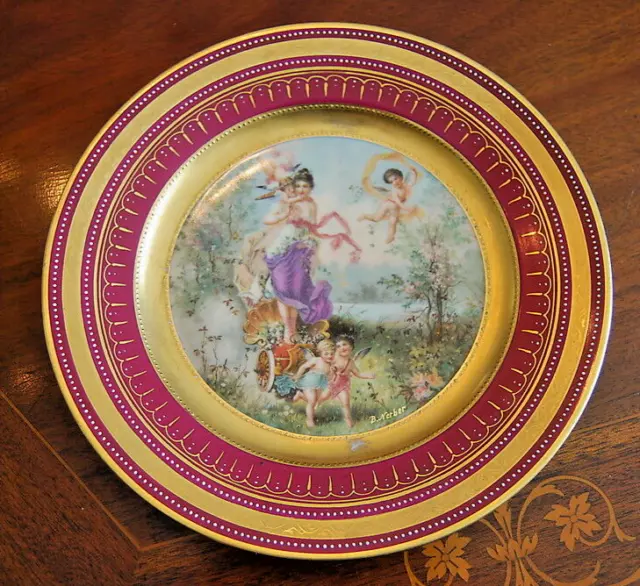Royal Vienna Beehive Signed Nerber Burgundy Gold Jeweled Neoclassical Plate # 2