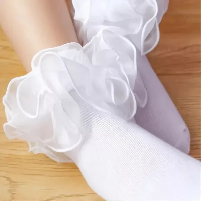 Ankle Socks White Girls Curly Frilly Organza ribbon Tutu 1 to 10 years