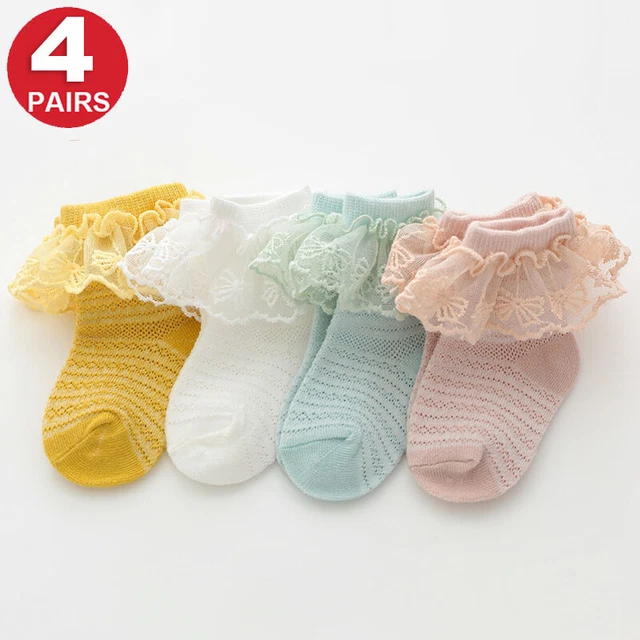4Pairs Baby Girls Lace Ruffle Princess Socks Summer Mesh Thin Breathable Socks