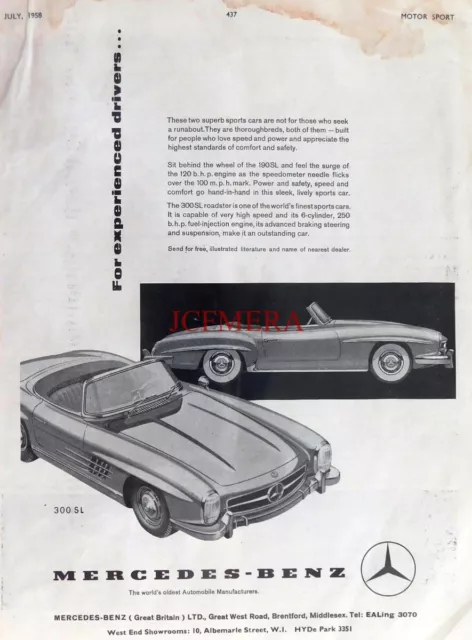 MERCEDES-BENZ '300 SL' Sports, Original 1958 Motor Car Advert : 660-170
