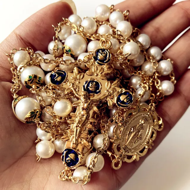 Gold Ladder to Heaven pearl beads Catholic Rosary crucifix cross necklace box