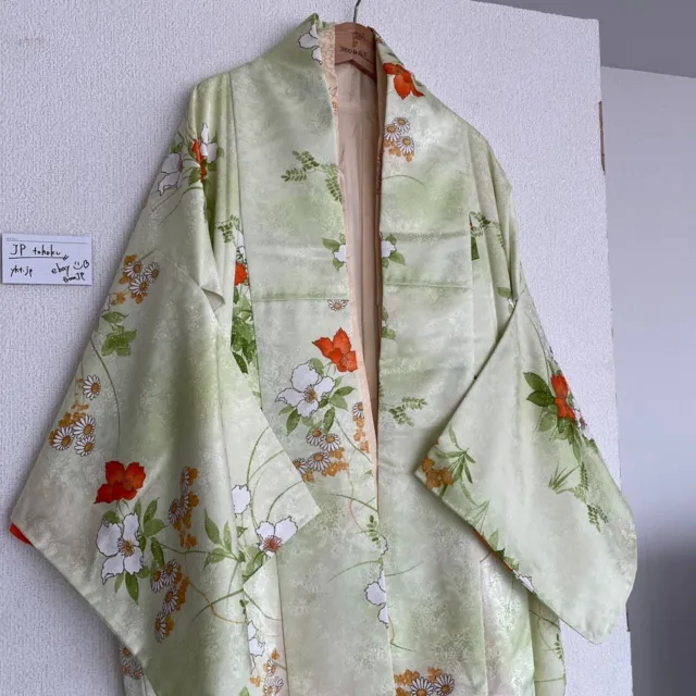 Japanese Kimono Silk Furisode Vintage Traditional flower pattern mintgreen color 2