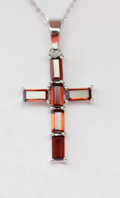 Noble 2,45 Carat Grenat Pendentif Croix 925 Argent Collier Rouge Sang Edels