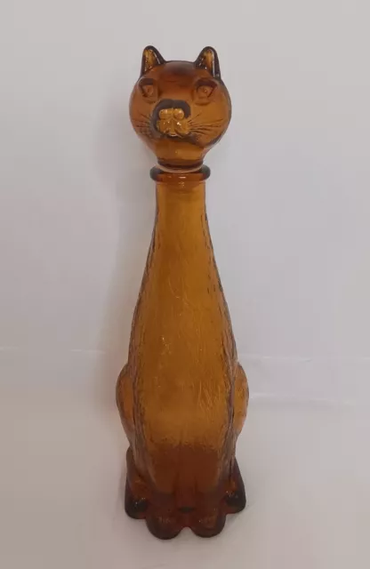 Vintage Mid Century Amber Glass Cat Figural Decanter Bottle 13 Inches Read