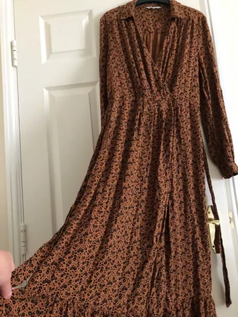 Next Cinnamon Brown & Black Ditsy Floral Print Fixed Wrap Long Dress, Size 14