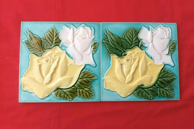 2 Piece Old Art Embossed Flower Design Majolica Ceramic Tiles Japan 0224