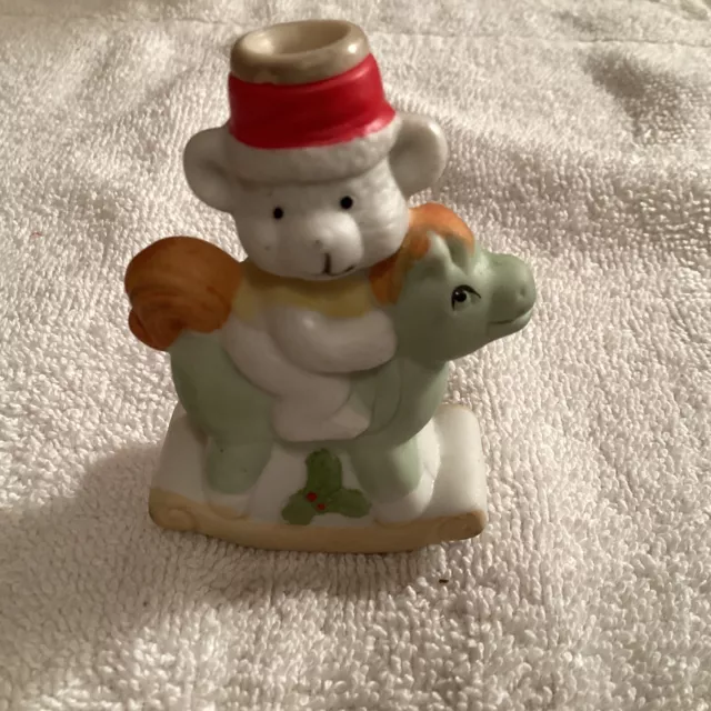 Vintage Miniature Bear On Rocking Horse Mascot Christmas Slim Candle Holder