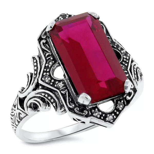 Victorian Style Classic 925 Sterling Silver 6.5 Ct Lab-Created Ruby Ring    #466