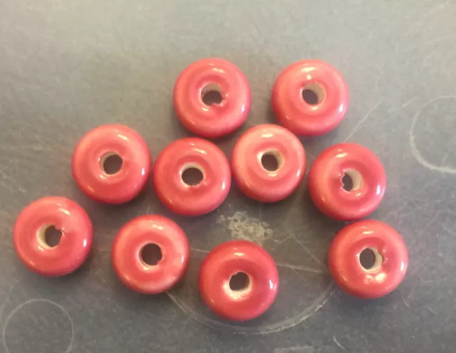 Vintage Stained Berry Rouge Color Glazed Chic Ceramic Doughnut Rondell Bead Lot