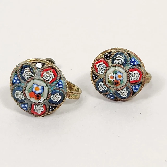 Mosaic Vtg Earrings Screw Back Gold Tone Drop Blue Glass Flowers Italy  9/16"
