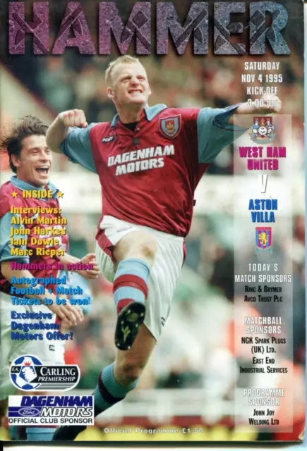 West Ham United vs Aston Villa Programme November 4 1995