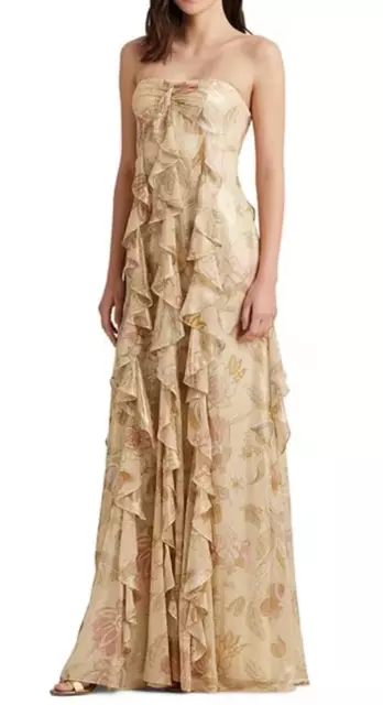 Ralph Lauren Floral Metallic Chiffon Sweetheart Neck Strapless Ruffled Gown 12