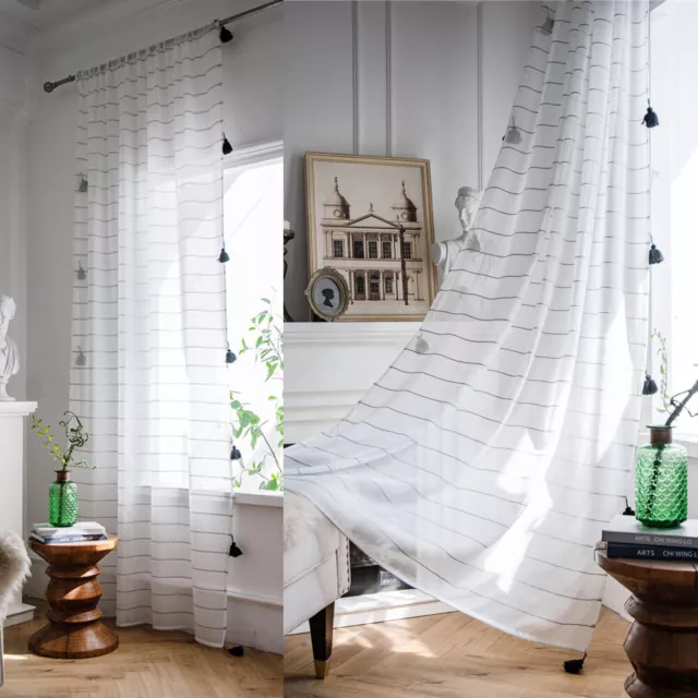 White Voile Curtain Boho Tassel for Living Room Bedroom Window Drape Treatment