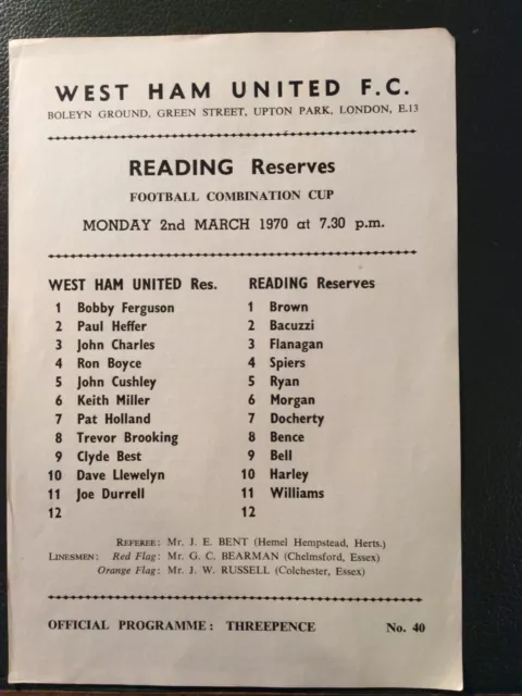 West Ham Reserves v Reading Reserves - 1969-70 Football Combination Cup