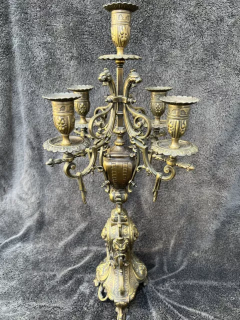 Antique French Large Candelarbra Aged Brass 5 Sconce Gothic Rivival 19th Century 2