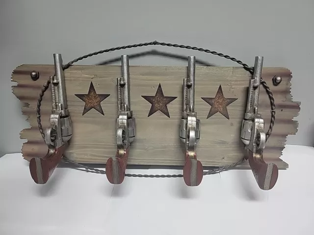 Revolver Six Shooter Western Wall Art Hanging 4 Hook Rack Wood Rustic Primitive