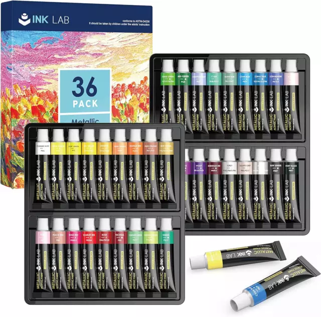 INK LAB Metallic Acrylic Paint Set 36 Tubes Non Toxic Metallic Acrylic Crafts &