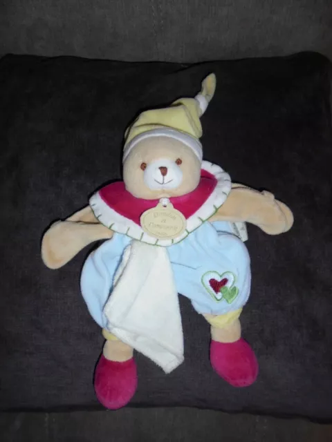 Doudou et Compagnie Marionnette Ours Bleu Rose Mouchoir Blanc Coeur Vert