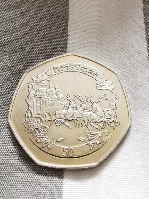 2008 Gibraltar Christmas Coin 50p Fifty Pence Coin Coach And Reindeers Xmas