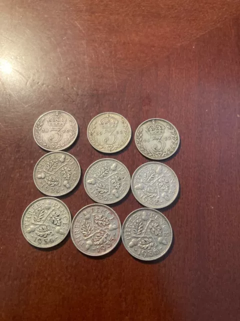 Lot of 9 Great Britain George V 50% Silver 3 Pence 1920-1936 Better Grade