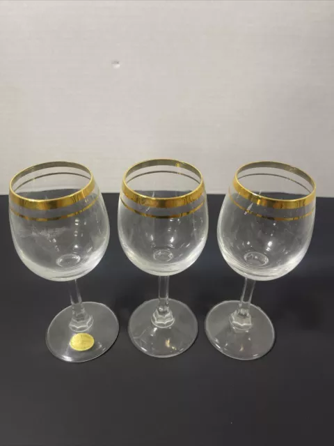 Versailles Crystal Stemware 3 Piece  Wine / Water Glasses Hand Crafted gold trim