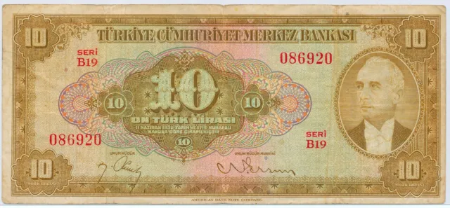 Turkey 10 Lira L.1930 (1942-47 ND), P.148_F/F+
