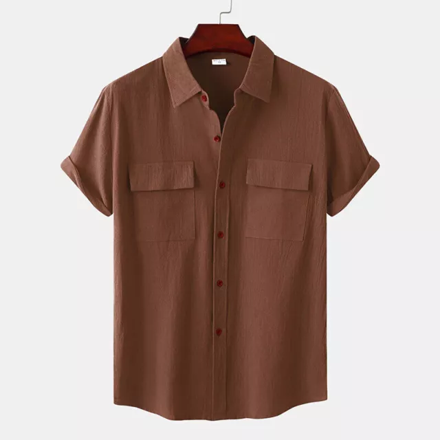 Mens Shirt Casual Button Down Short Sleeve Beach Linen Cotton Solid Color Summer