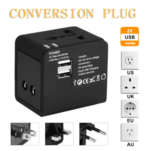 Universal Travel Adapter 2 USB Power Plug to US/UK/AU/EU Charger Converter