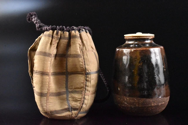 M2939: Japan Old Seto-ware Brown glaze TEA CADDY w/High class lid, Shifuku, auto