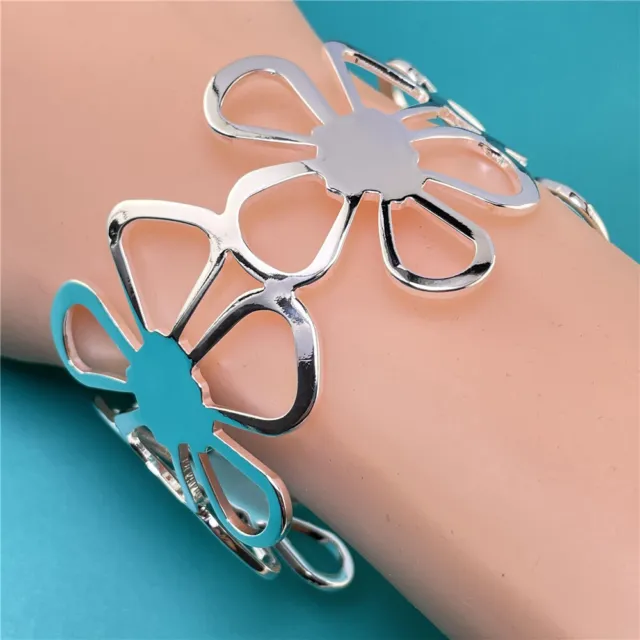 925 Silver Filled Charm Bangles Bracelet Womens Fashion Flowers Bangle Jewelry