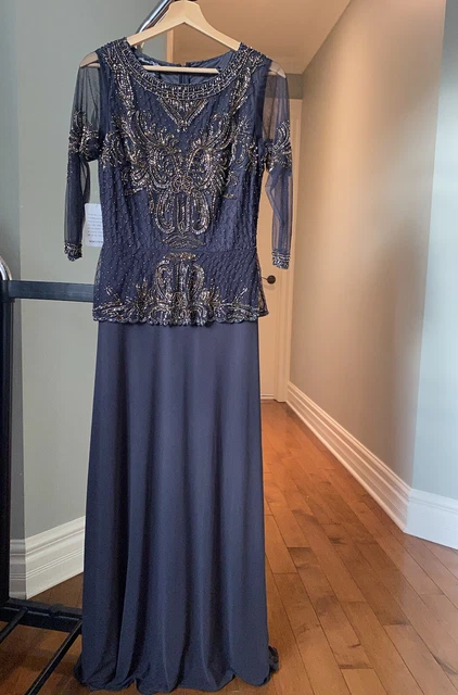 PISARRO NIGHTS Bead Embellished Long Gown Dress In Slate/Copper Size 6