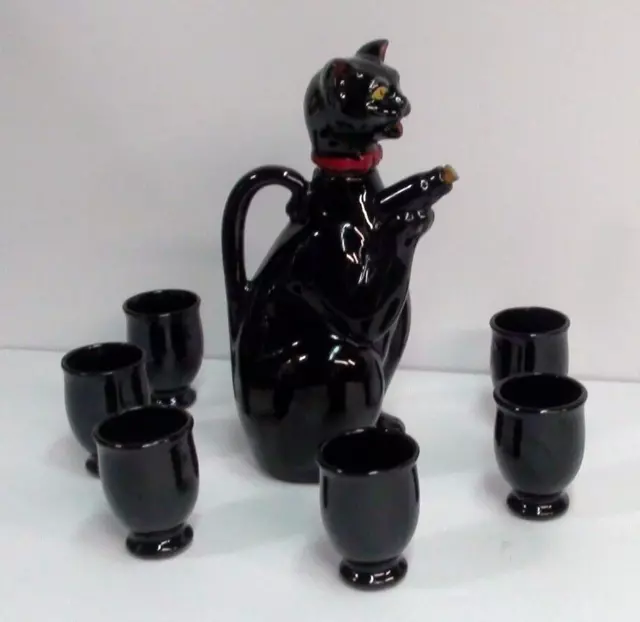 Vintage Royal Redware Black Cat Decanter With 6 Cups Japan #U362