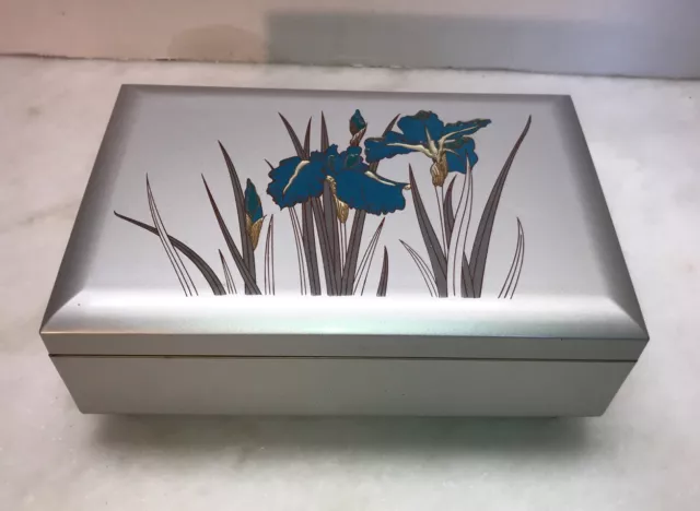 Otagiri Royal Iris Silver Teal Lacquerware Jewelry Music Box Mirrored  Japan